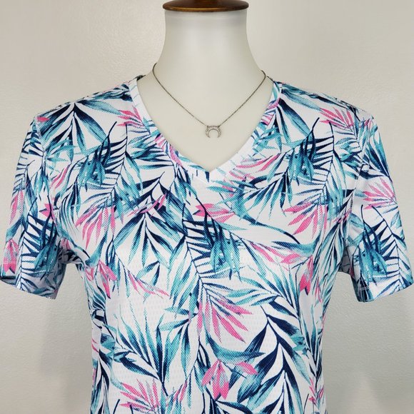 Reel Legends V-Neck Palm Leaf Pattern Short Sleeve Fishing Top, Size S - Picture 2 of 11